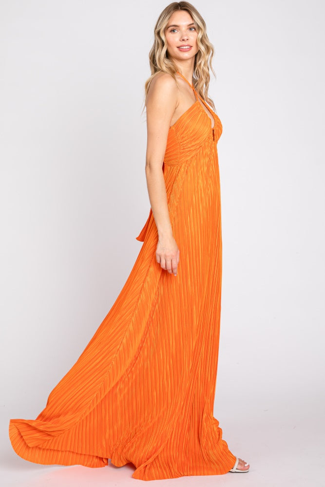 Orange Plisse Halter Back Tie Maxi Dress Large