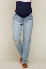 Light Blue Distressed Frayed Hem Maternity Jeans