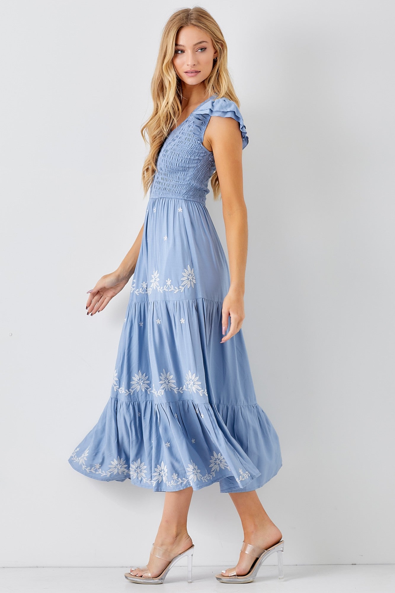 Dusty Blue V Neck Smocked Bodice Maxi Dress PinkBlush Dusty Blue V Neck Smocked Bodice Maxi Dress PinkBlush