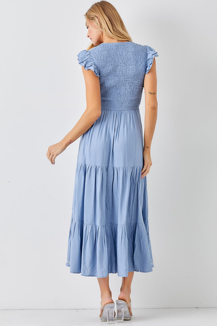 Dusty Blue V Neck Smocked Bodice Maxi Dress