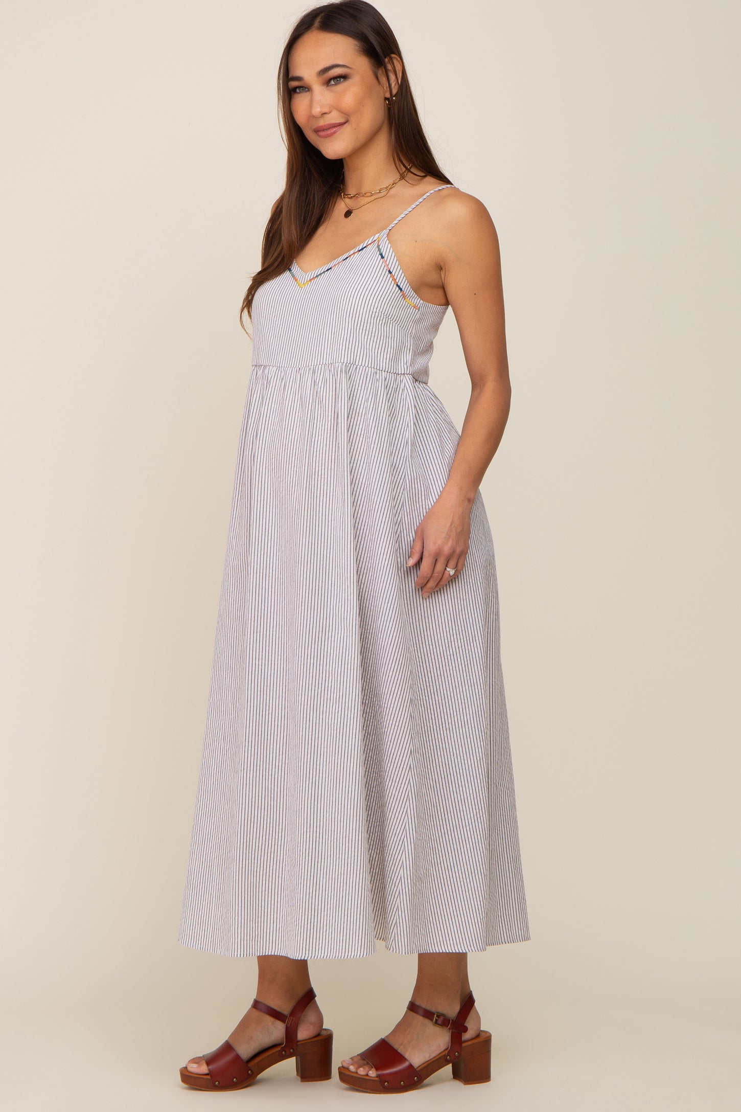 Light Blue Striped Embroidered Maternity Midi Dress