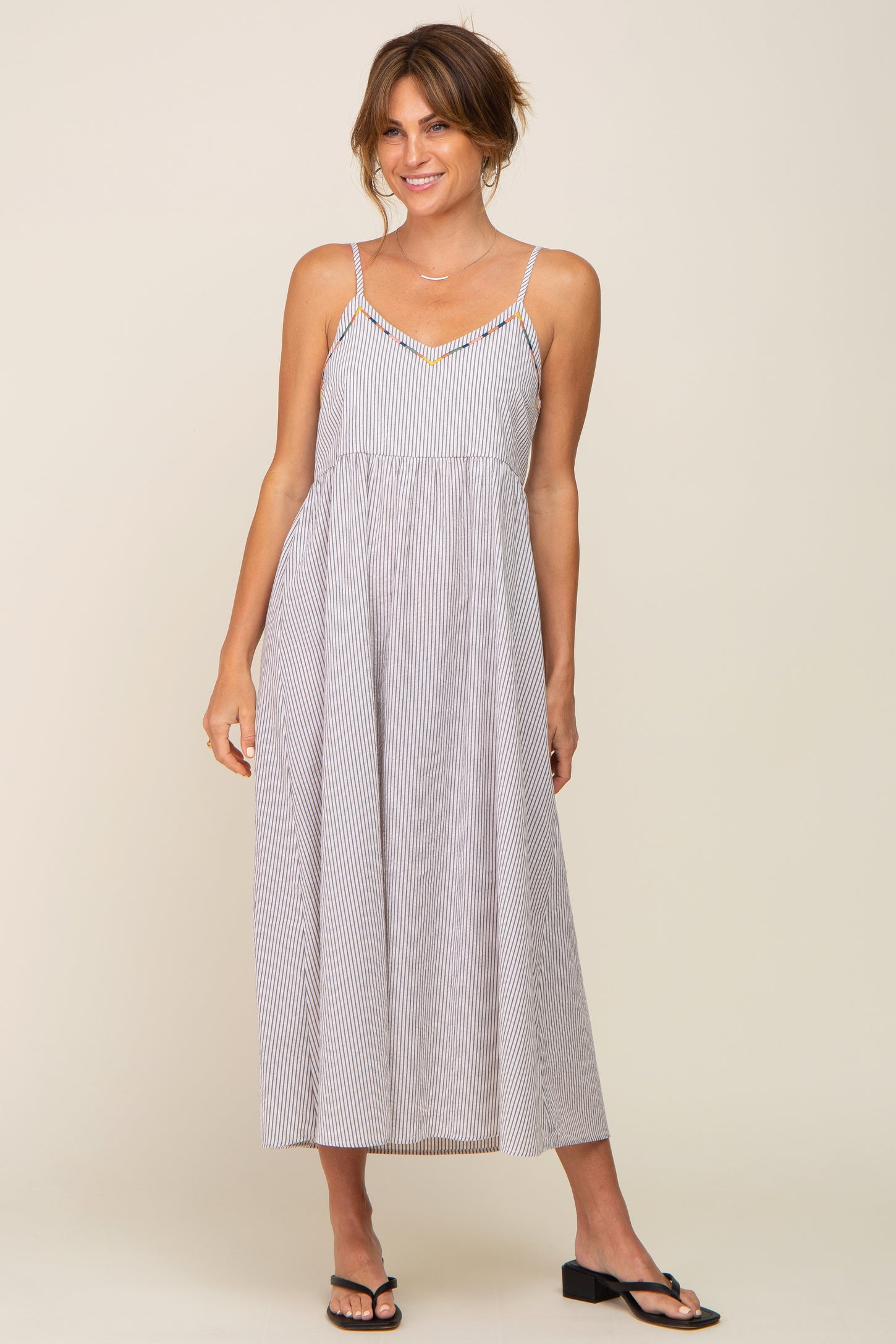 Light Blue Striped Embroidered Midi Dress