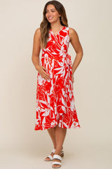 Red Flower Side Tie Maternity Wrap Dress