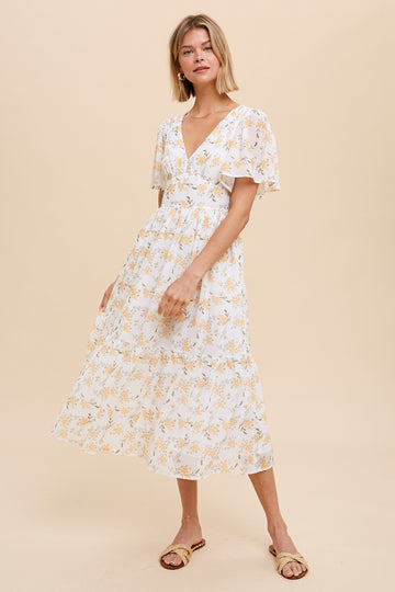 White Floral V Neck Midi Dress