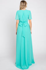 Aqua Chiffon Wrap Front Short Sleeve Maxi Dress
