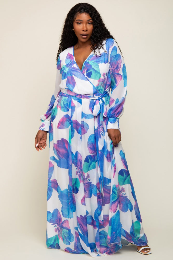 Blue Floral Chiffon Maternity Plus Maxi Dress