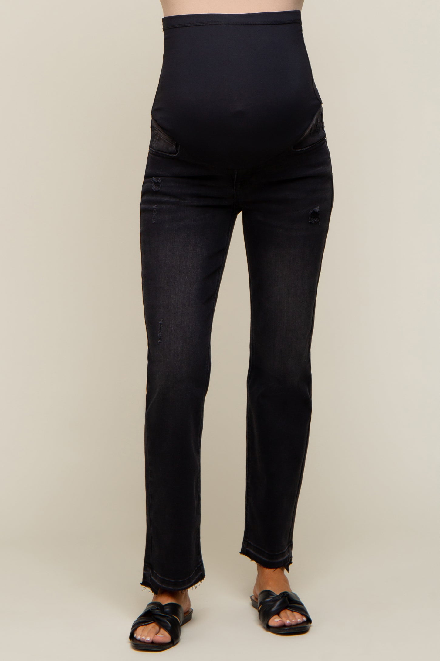 Black Distressed Raw Hem Maternity Jeans