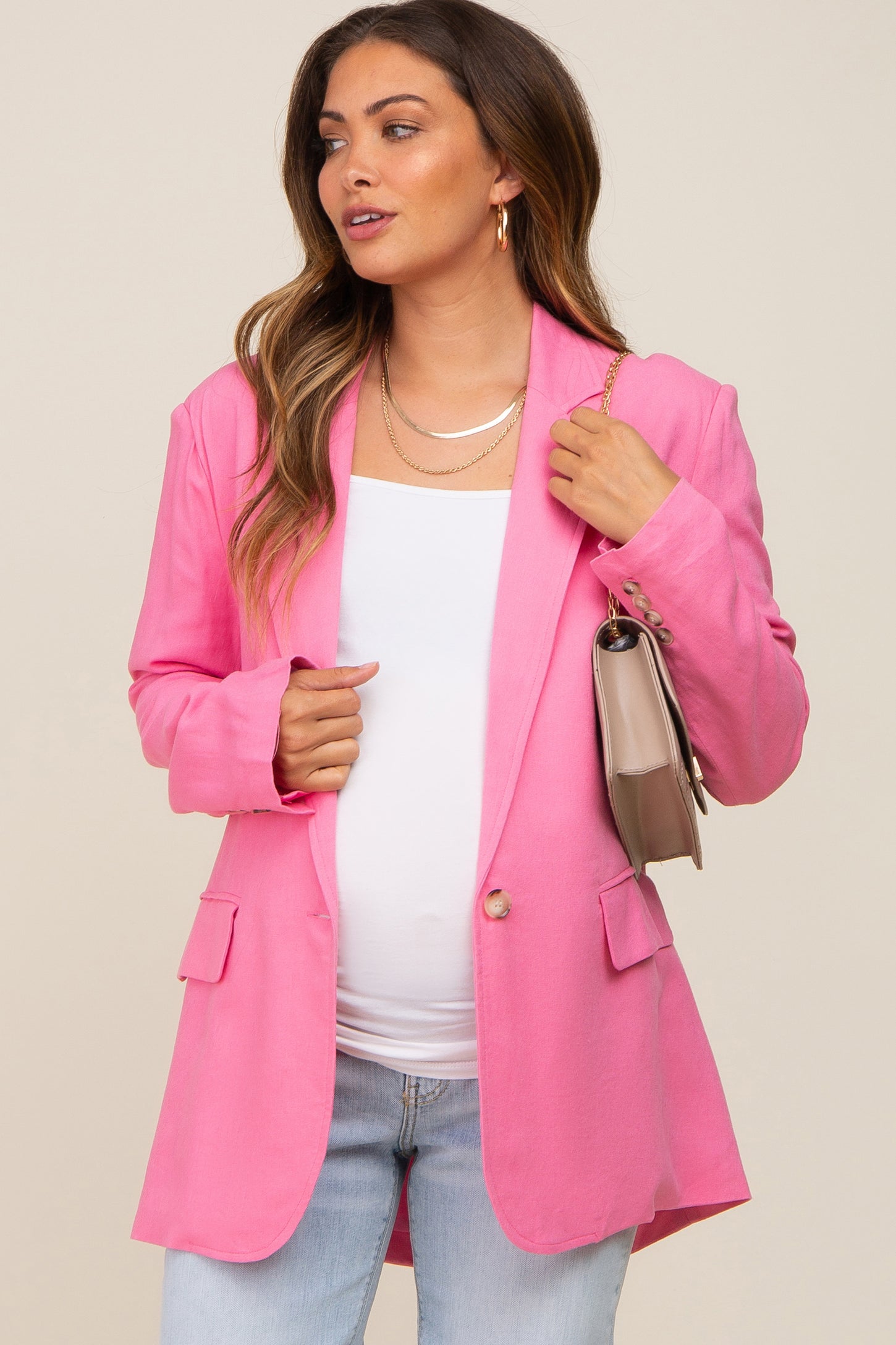 Pink Linen Front Pocket Maternity Blazer
