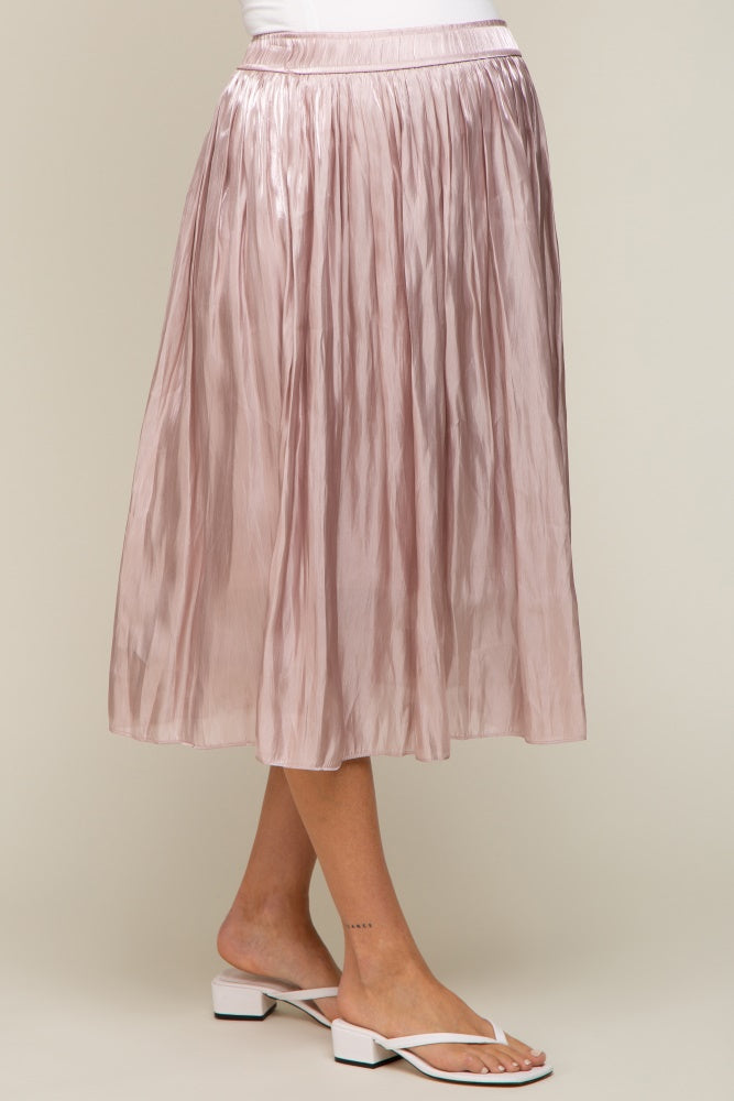 Light Pink Pleated Shimmer Satin Maternity Midi Skirt