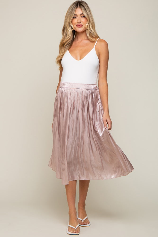 Light Pink Pleated Shimmer Satin Maternity Midi Skirt