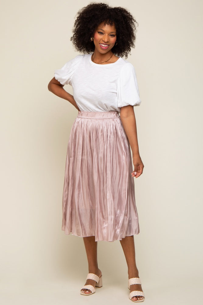 Light Pink Pleated Shimmer Satin Midi Skirt PinkBlush Light Pink Pleated Shimmer Satin Midi Skirt PinkBlush