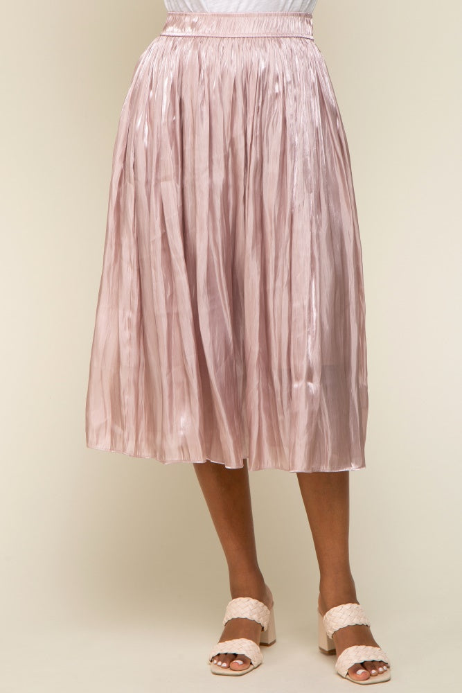 Light Pink Pleated Shimmer Satin Midi Skirt PinkBlush Light Pink Pleated Shimmer Satin Midi Skirt PinkBlush
