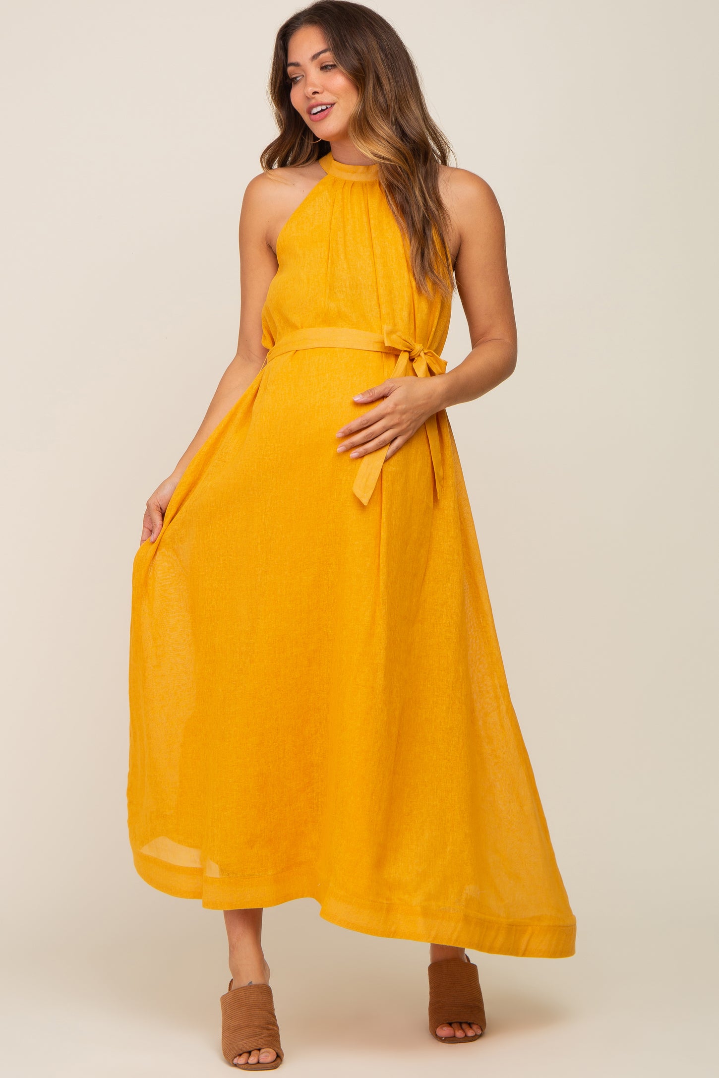 Yellow Linen A-line Maternity Midi Dress