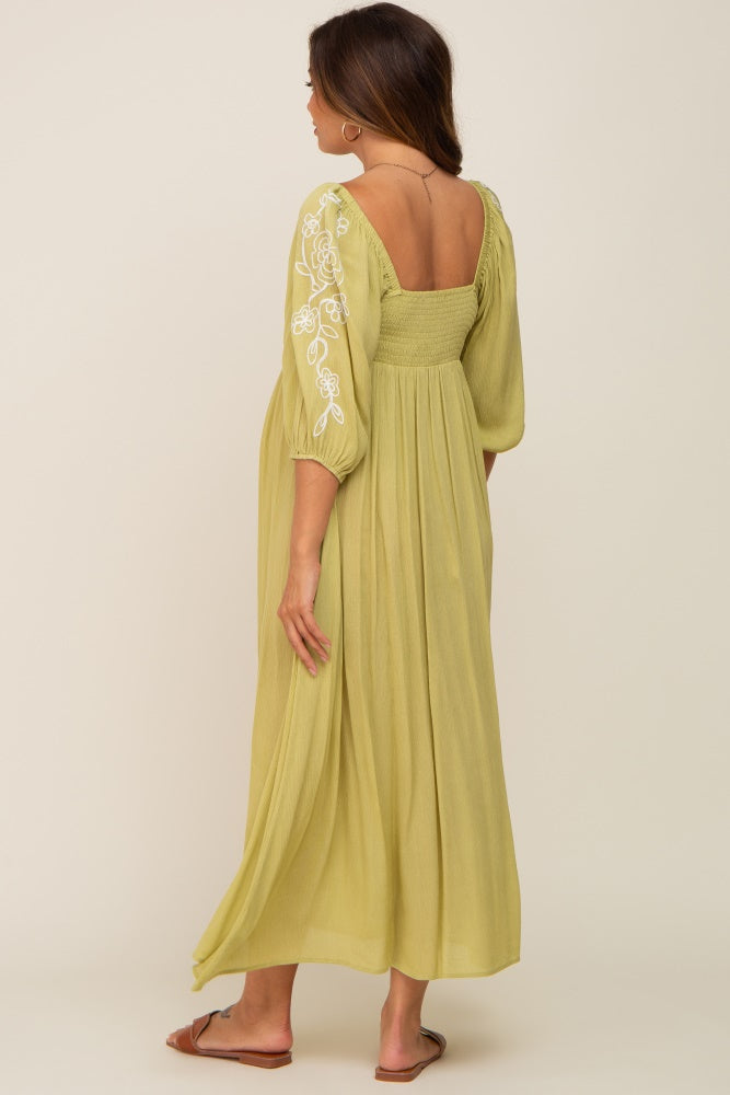 Green 3/4 Sleeve Embroidered Maternity Maxi Dress