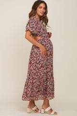 Brown Floral Chiffon Back Cutout Short Puff Sleeve Maternity Midi Dress