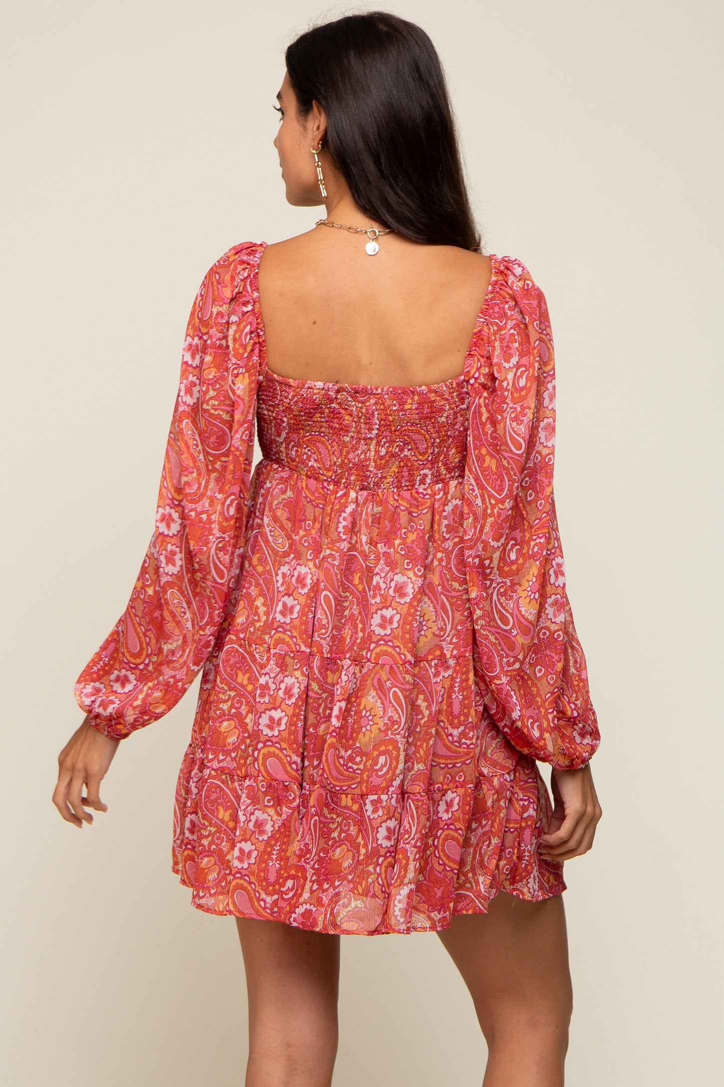 Red Paisley Tiered Long Sleeve Mini Dress PinkBlush Red Paisley Tiered Long Sleeve Mini Dress PinkBlush