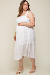 White Smocked Square Neck Maternity Plus Midi Dress