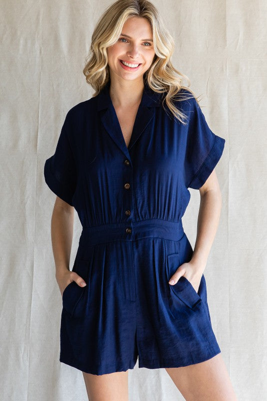 Navy Solid Button-Up Romper– PinkBlush