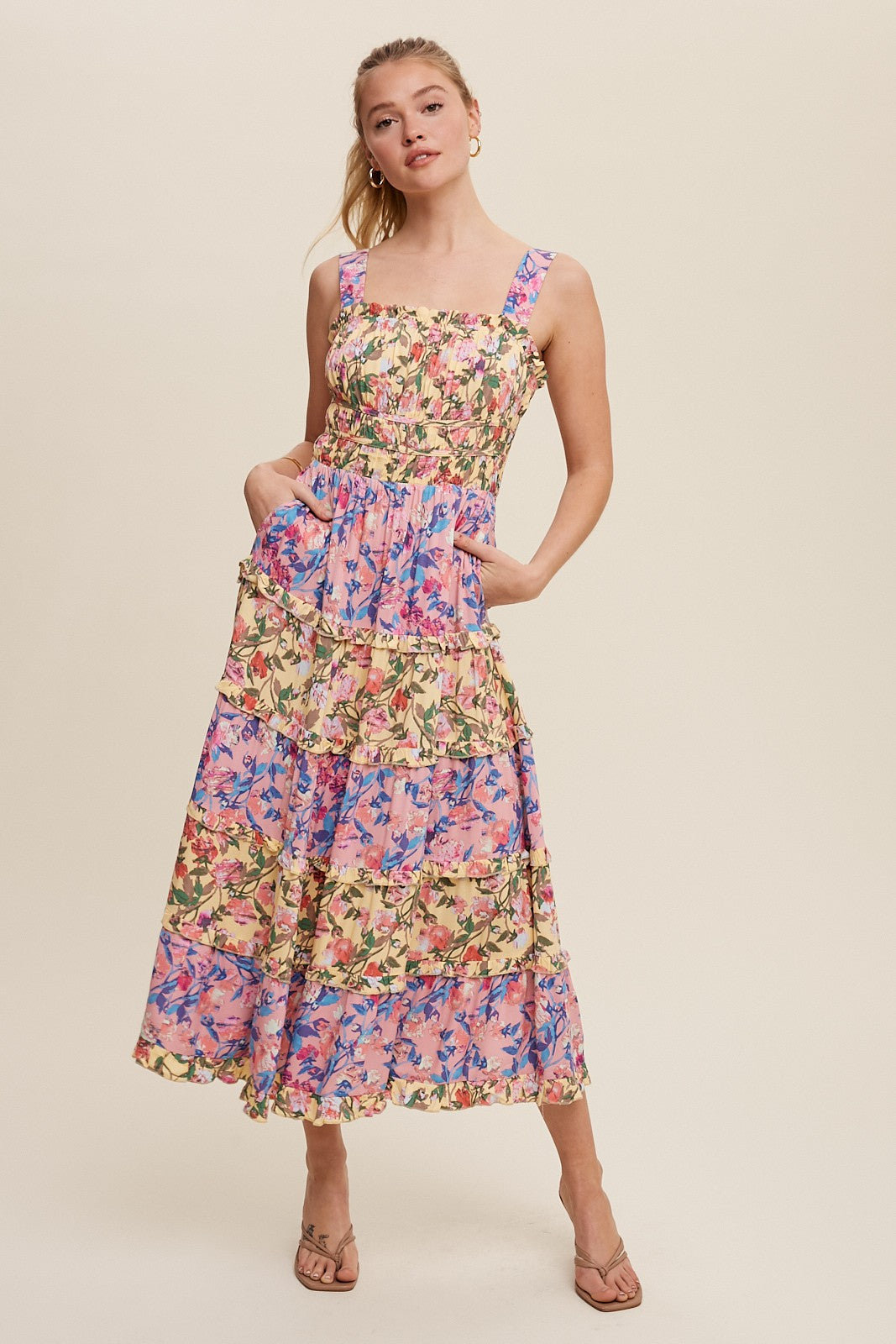 purple and yellow dress Gradient V-neckline Straps Tulle Evening Gown, Long the top attached to the skirt with the snap fasteners Purple Yellow Floral Contrast Tiered