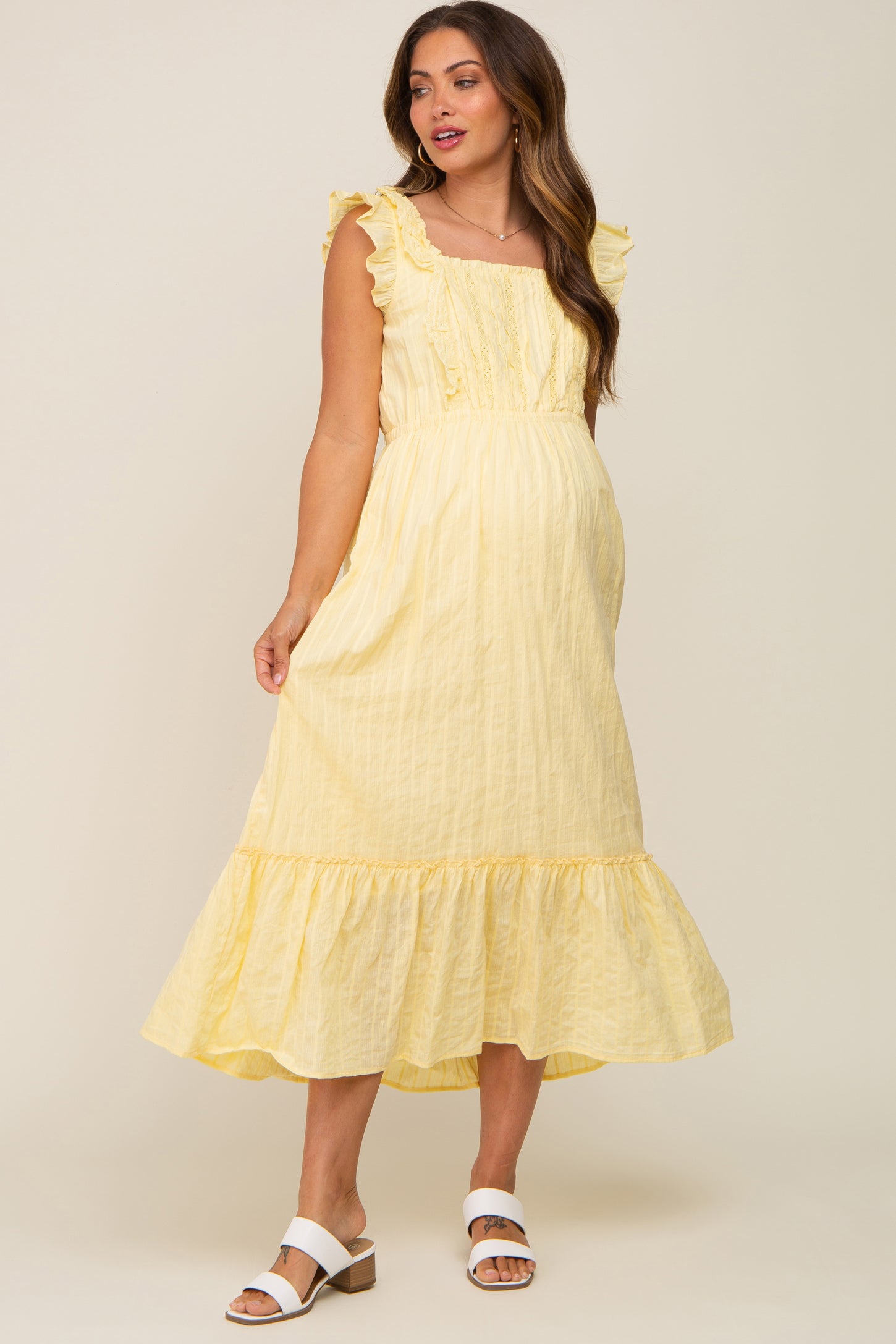 yellow lace maternity dress PinkBlush Mustard Lace Mesh Overlay Maternity Maxi Dress