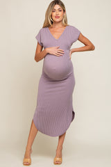 Lavender Ribbed Twist Back Curved Hem Maternity Maxi Dress