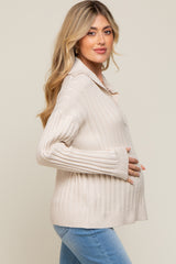 Cream Ribbed Knit Collared Long Sleeve Maternity Top