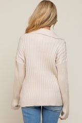 Cream Ribbed Knit Collared Long Sleeve Maternity Top