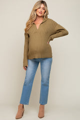 Olive Ribbed Knit Collared Long Sleeve Maternity Top