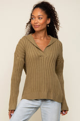 Olive Ribbed Knit Collared Long Sleeve Maternity Top