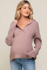 Mauve Ribbed Knit Collared Long Sleeve Maternity Top