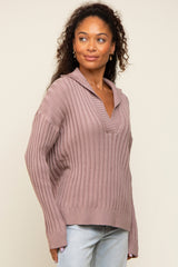 Mauve Ribbed Knit Collared Long Sleeve Maternity Top