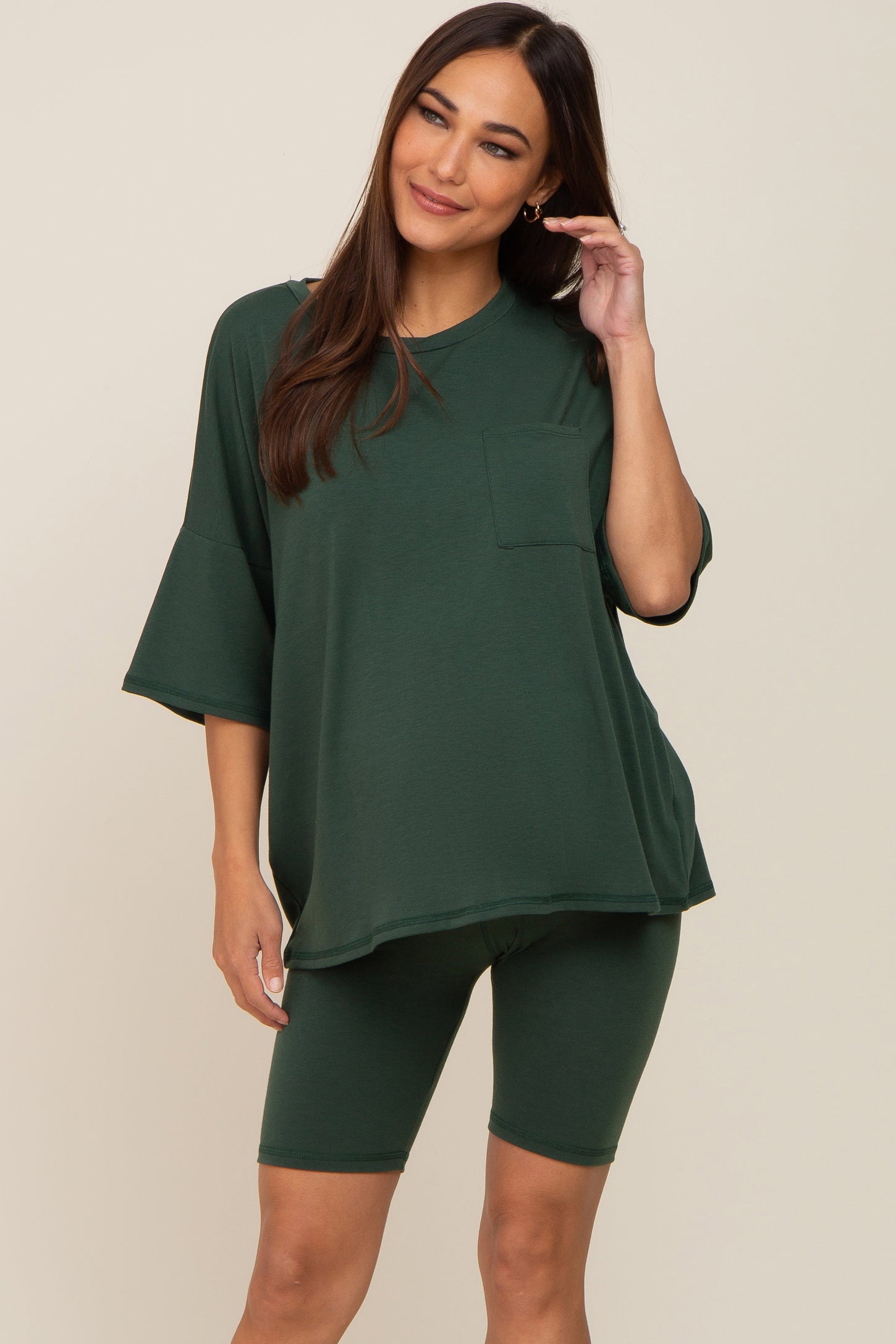 Forest Green Biker Short Maternity Sleep Set PinkBlush