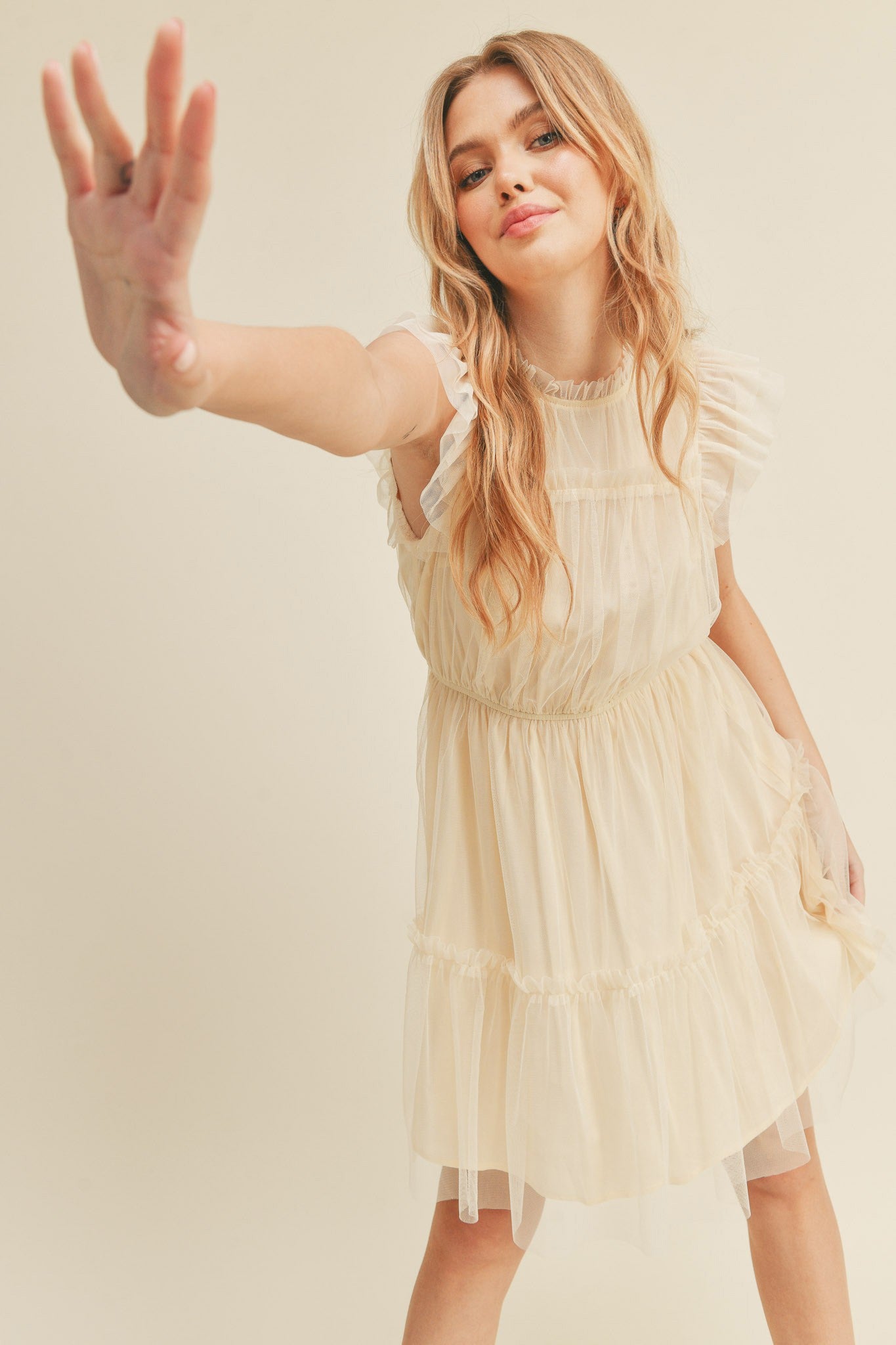 Cream Mesh Ruffled Mini Dress