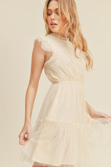 Cream Mesh Ruffled Mini Dress
