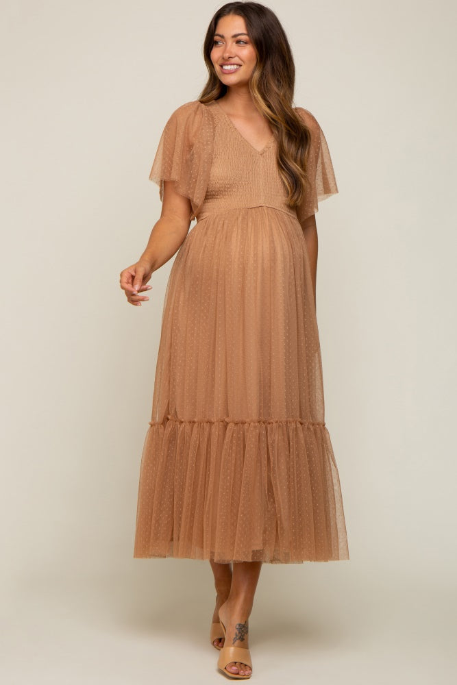 Mocha Dotted Tulle Smocked Maternity Midi Dress – PinkBlush