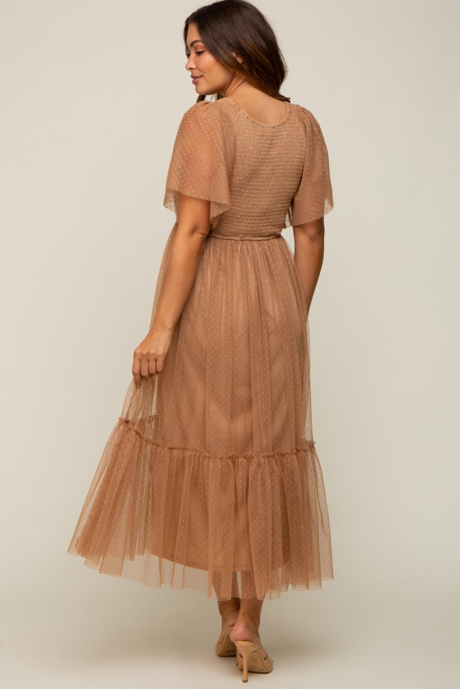 brown tulle maternity dress QQcute Brown Tulle Maternity Dress for Baby Shower Off Shoulder Pregnancy Dress for Photoshoot Puffy Sleeve Bridal Lingerie Wedding Scarf(L-XL) at Amazon Women's Clothing store