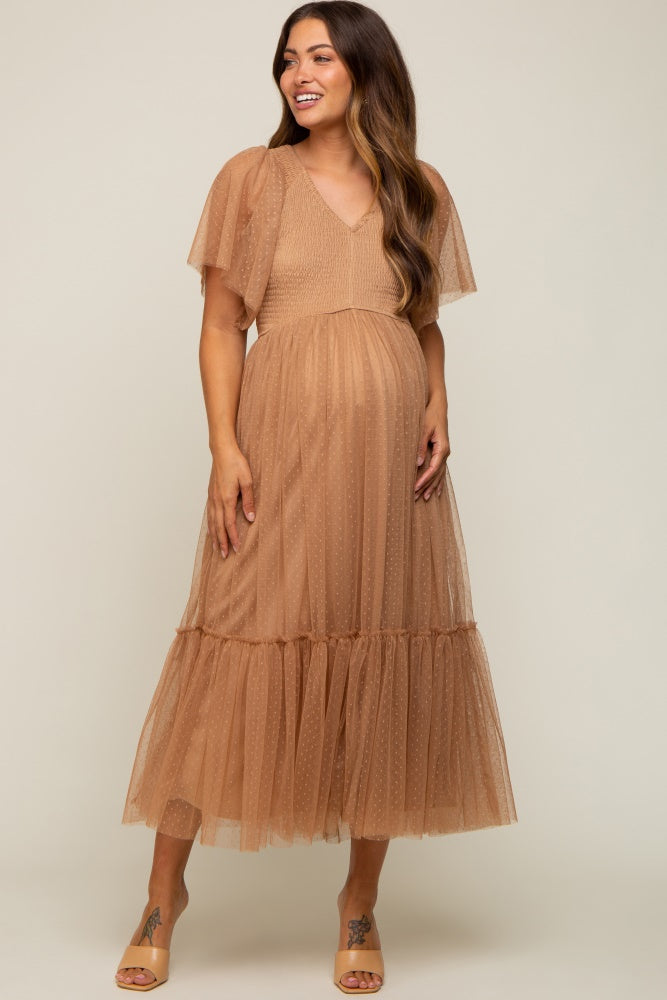 Mocha Dotted Tulle Smocked Maternity Midi Dress