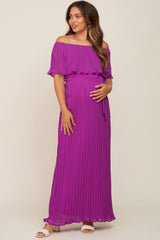 Purple Pleated Off Shoulder Maternity Maxi Dress
