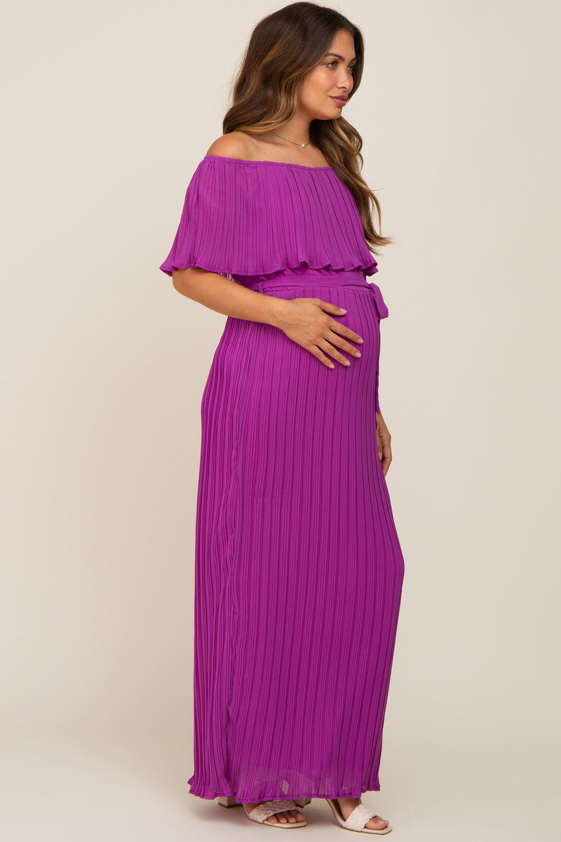 Purple Pleated Off Shoulder Maternity Maxi Dress– PinkBlush