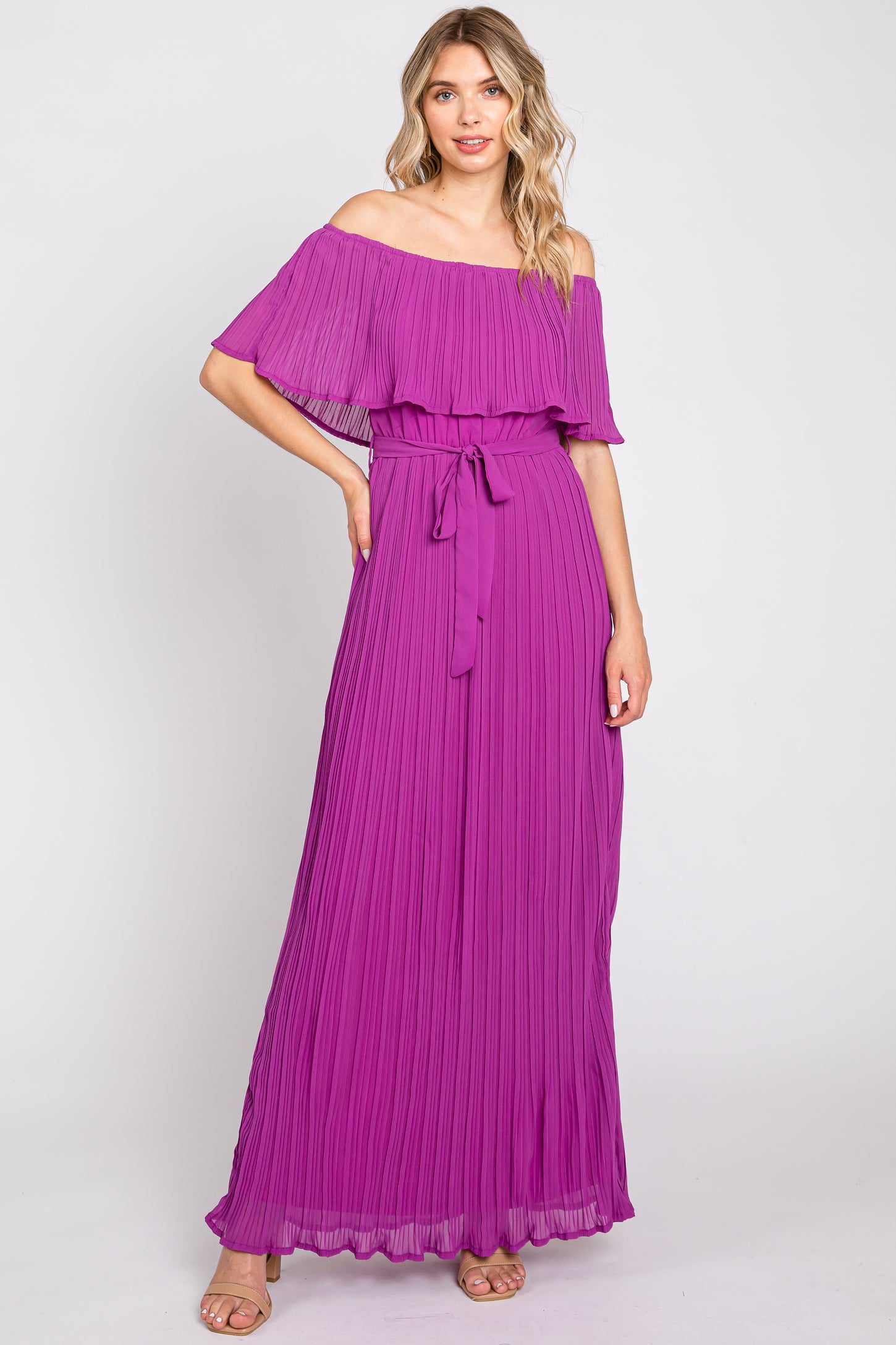 Purple Pleated Off Shoulder Maxi Dress– PinkBlush