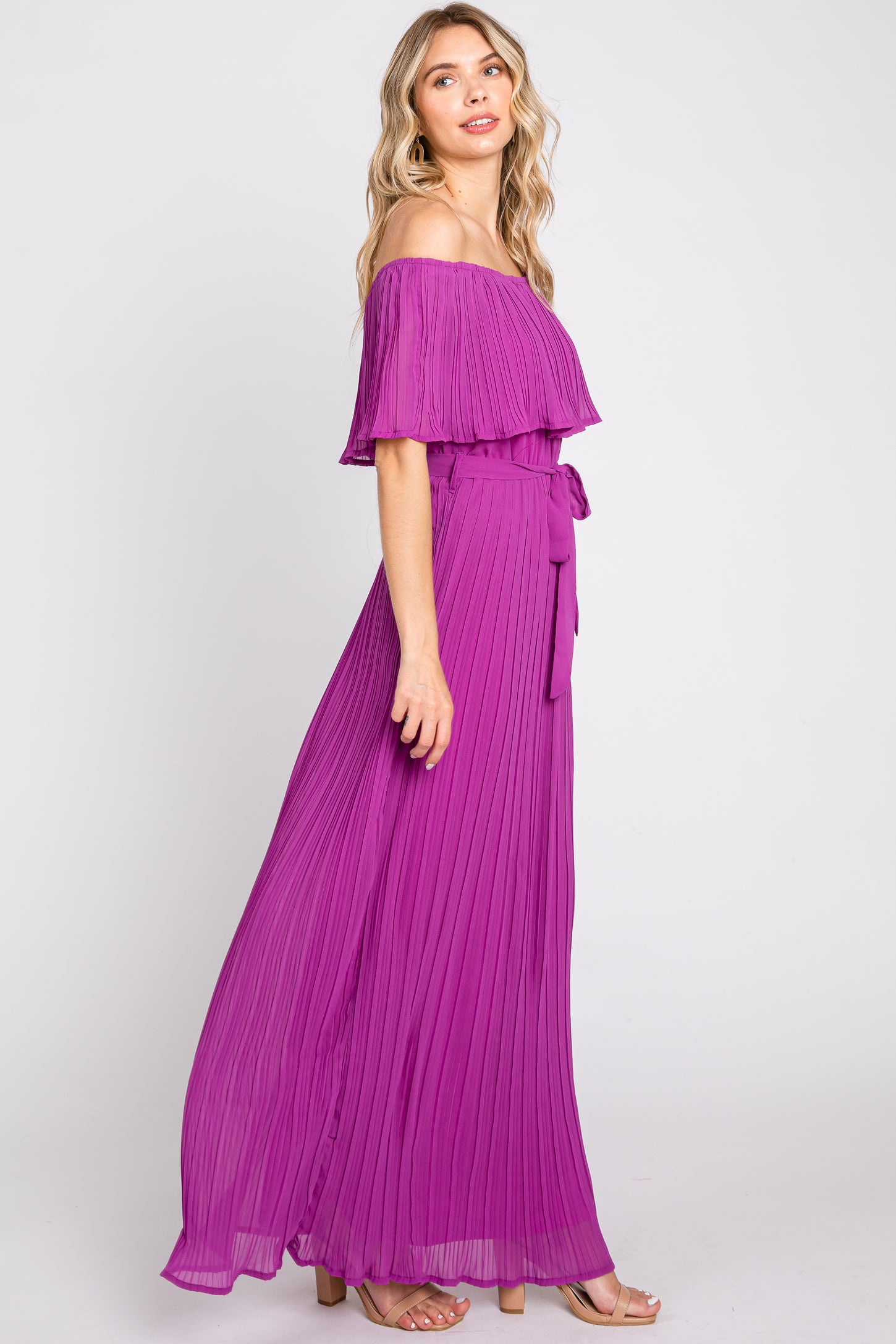 Purple Pleated Off Shoulder Maternity Maxi Dress Medium Purple Pleated Off Shoulder Maternity Maxi Dress Medium