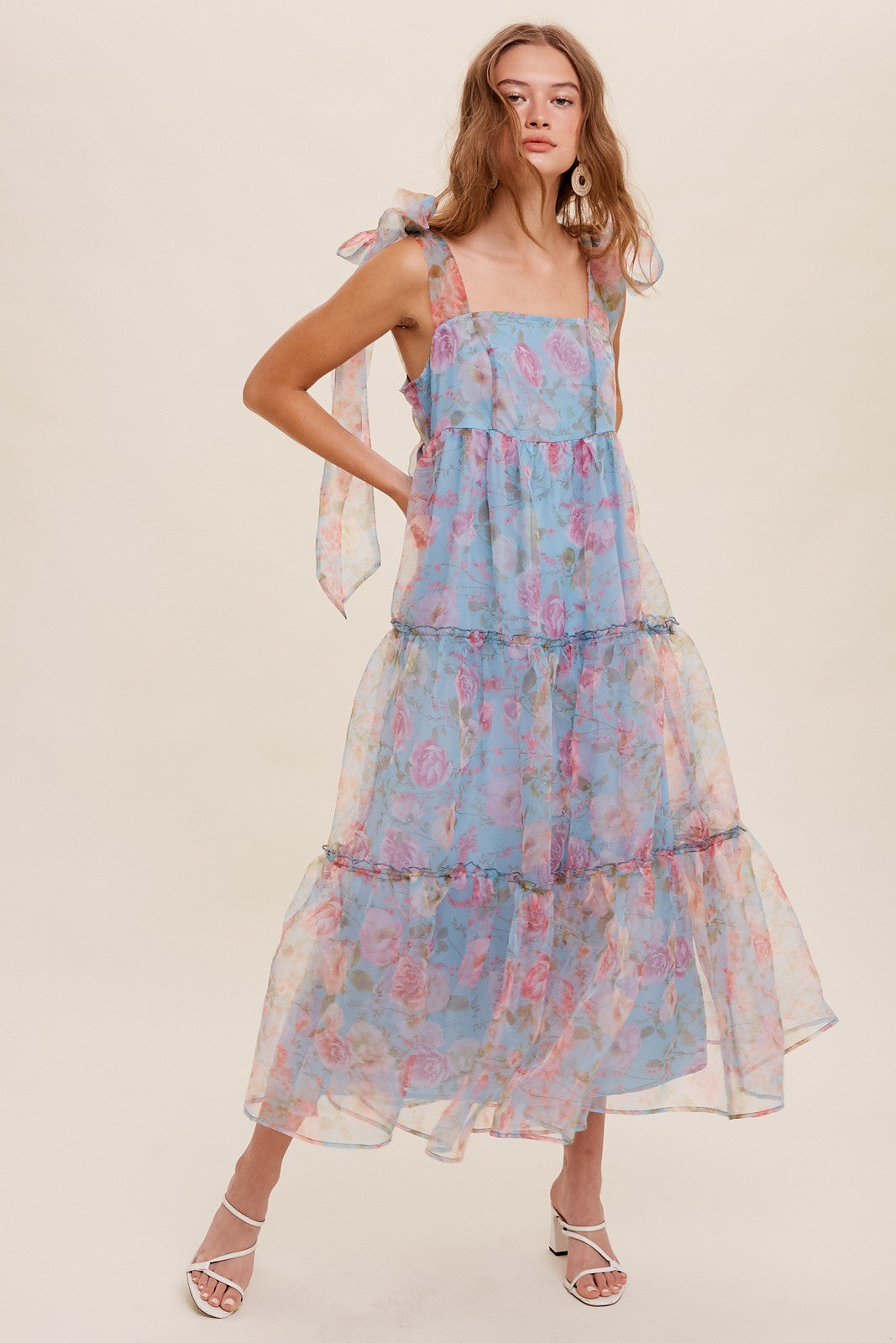 Fuchsia Floral Chiffon Front Sweetheart Neck Lace-Up Back Tiered