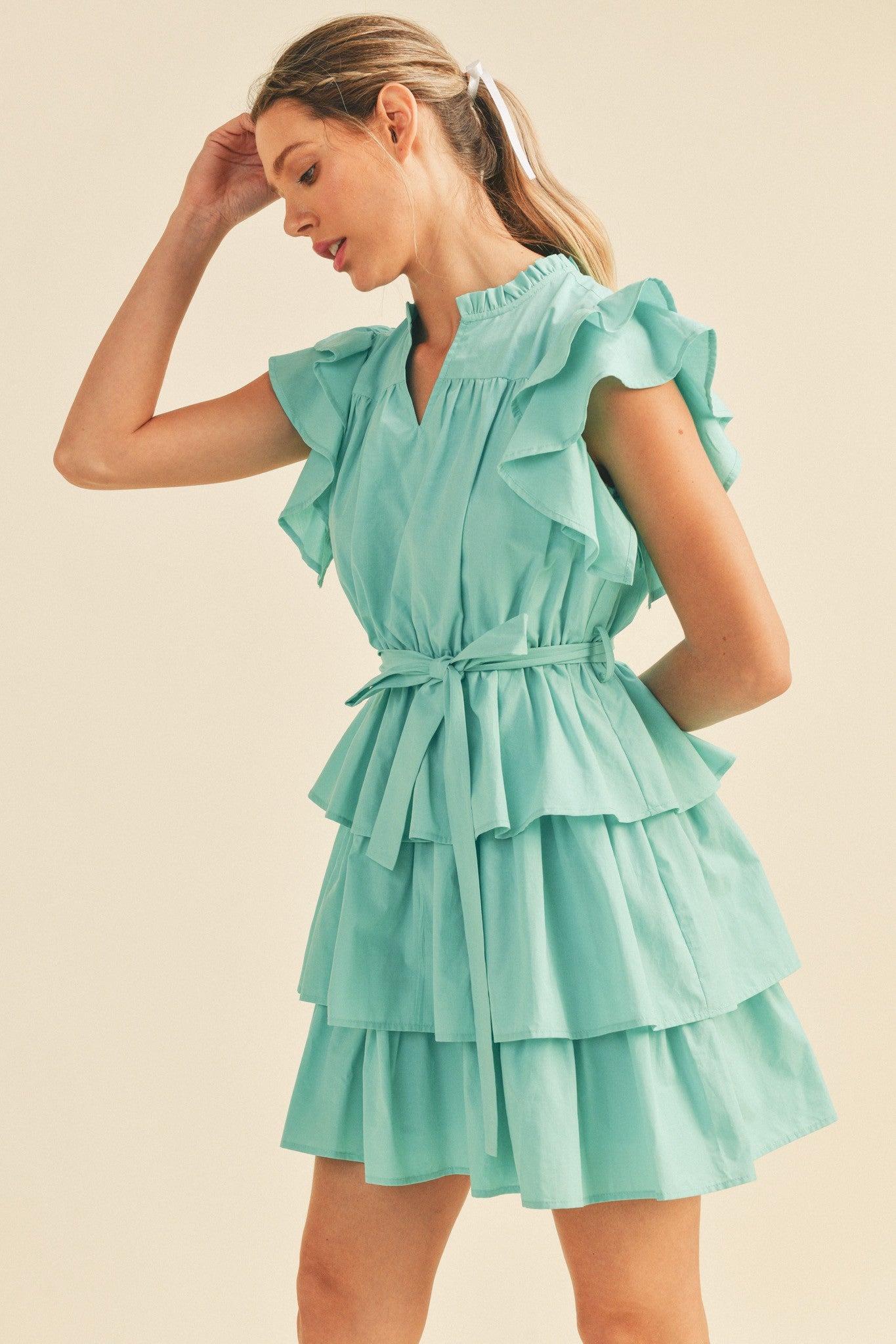 aqua ruffled mini dress Mac Duggal Mesh Micro Ruffle High Neck Mini Dress
