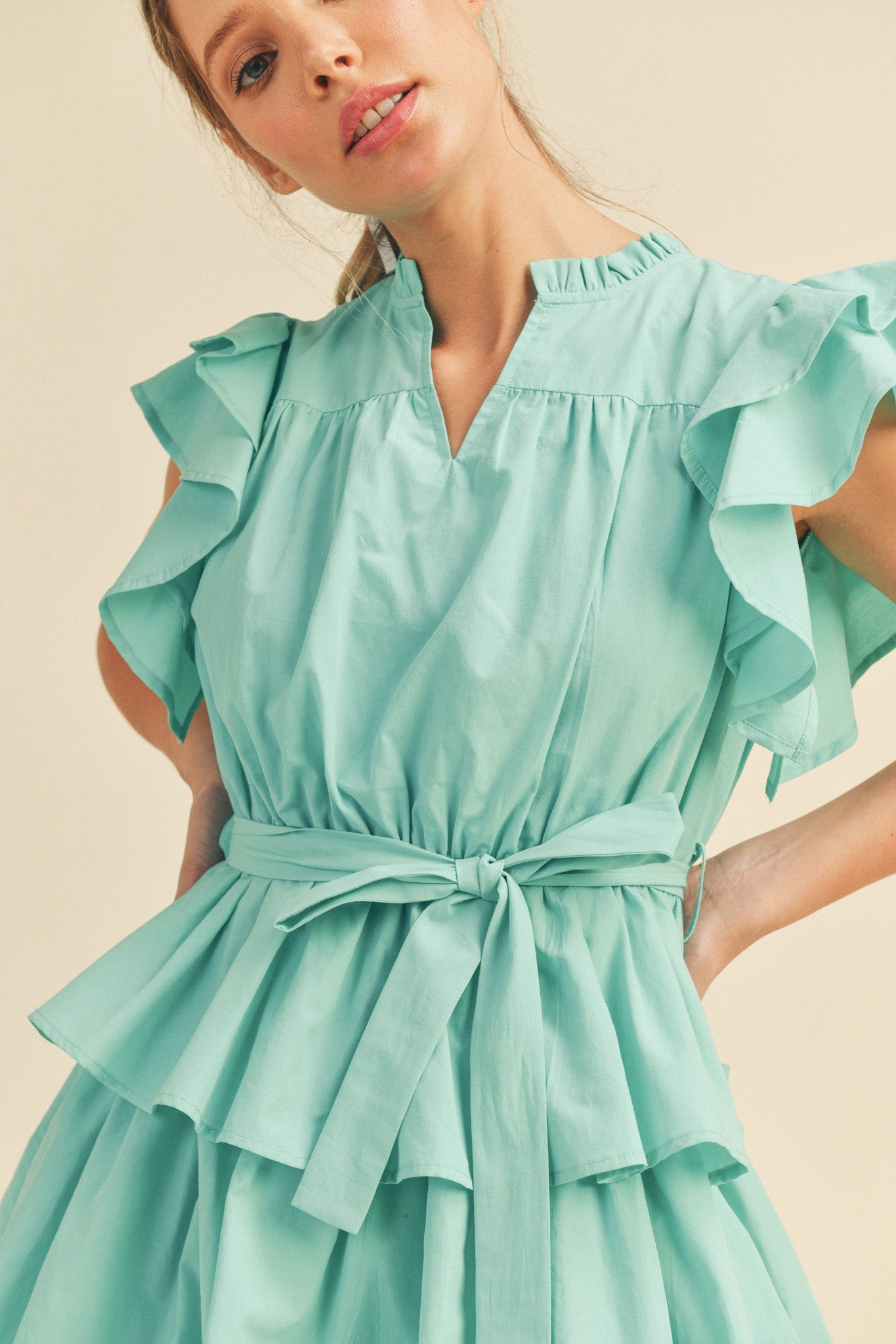 Aqua Ruffle Tiered Mini Dress PinkBlush Aqua Ruffle Tiered Mini Dress PinkBlush