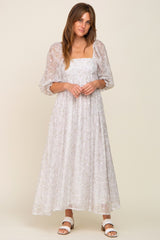 Silver Floral Square Neck Puff Sleeve Organza Maxi Dress
