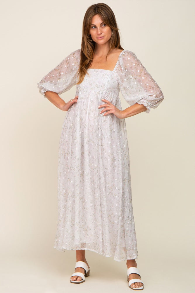 Silver Floral Square Neck Puff Sleeve Organza Maxi Dress Silver Floral Square Neck Puff Sleeve Organza Maxi Dress