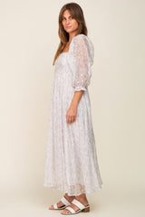 Silver Floral Square Neck Puff Sleeve Organza Maxi Dress