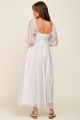 Silver Floral Square Neck Puff Sleeve Organza Maxi Dress