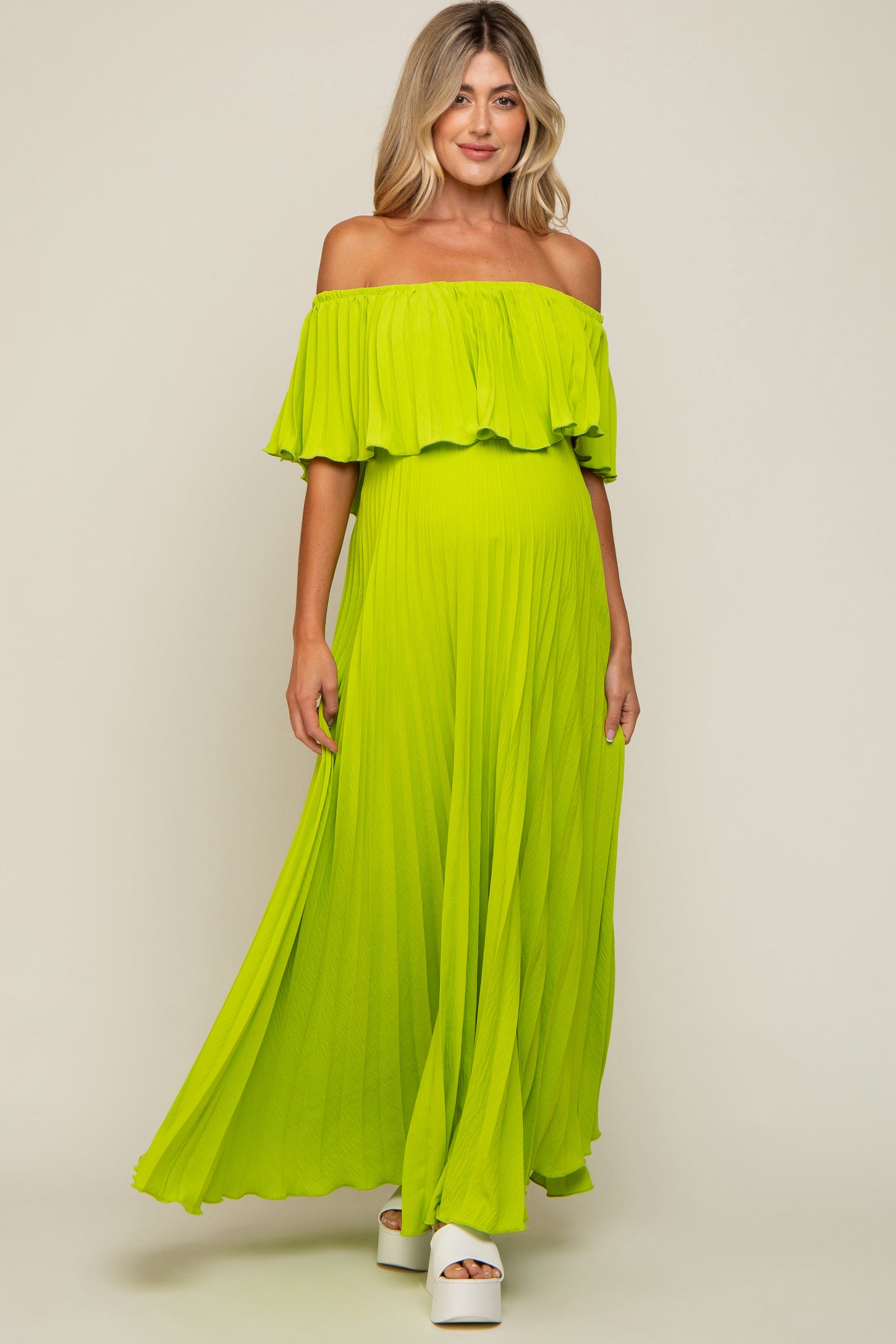 lime green maternity dress Lime Pleated Button Front Tied Waist Maternity Dress PinkBlush