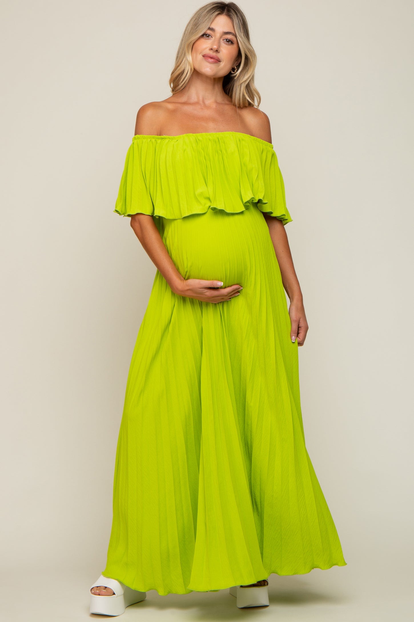 Lime Pleated Off Shoulder Maternity Maxi Dress PinkBlush Lime Pleated Off Shoulder Maternity Maxi Dress PinkBlush